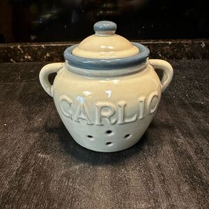 Ceramic Garlic Keeper with Blue Accents